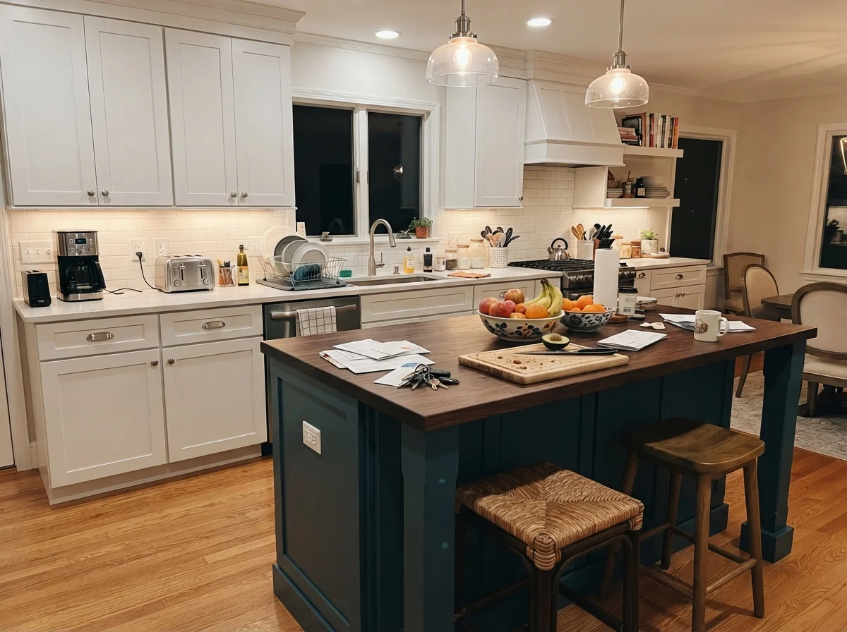 Family kitchen featuring an island painted in Aesthetic White surrounded by white cabinetry and cream walls.