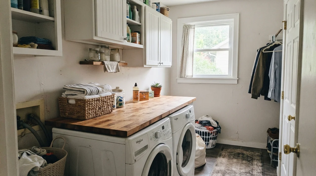 Bright laundry room with butcher-block counter, white cabinets, and walls painted in Aesthetic White.