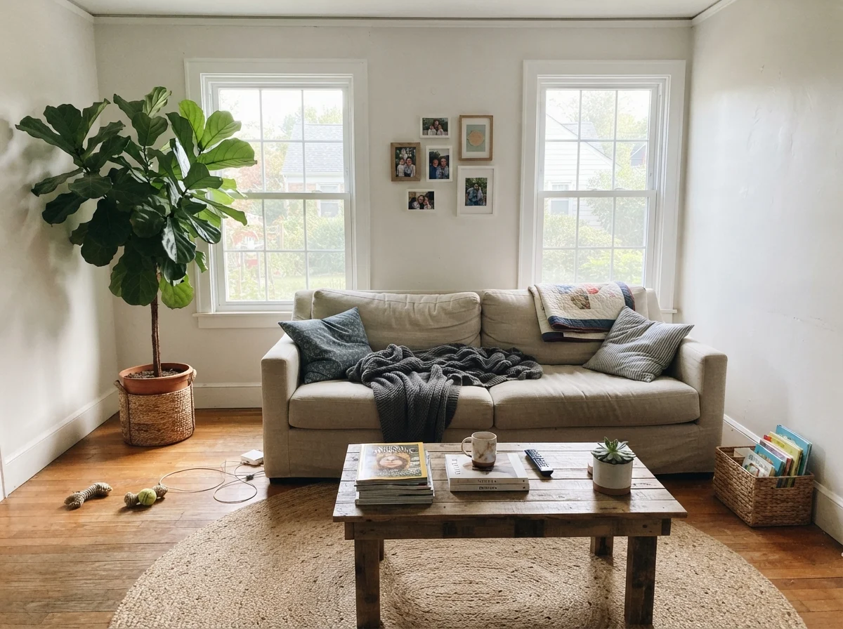 Living room filled with midday sun, linen sofa, jute rug, and walls painted in Aesthetic White.