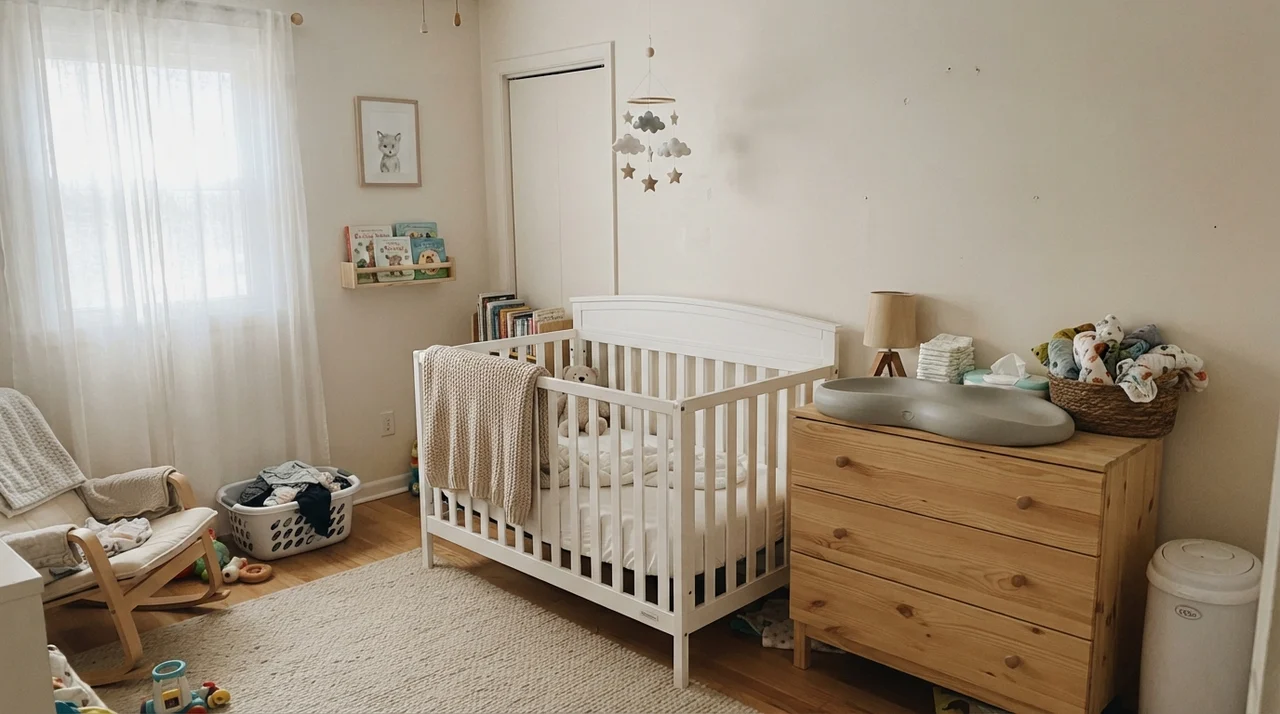 Nursery with white crib, light wood dresser, and walls painted in gentle Aesthetic White.