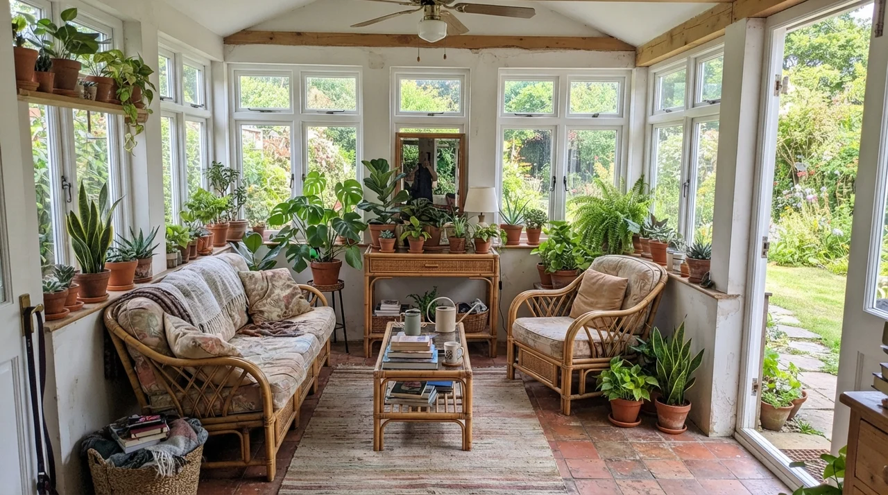 Sunroom with white window trim, terracotta pots, rattan furniture, and walls in Aesthetic White.