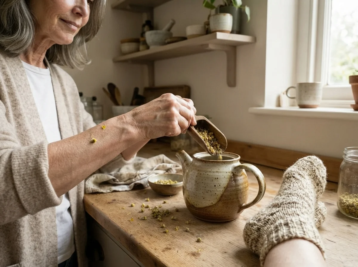 Susan Hartley transferring chamomile into a teapot at her kitchen counter with Aesthetic White walls behind her.