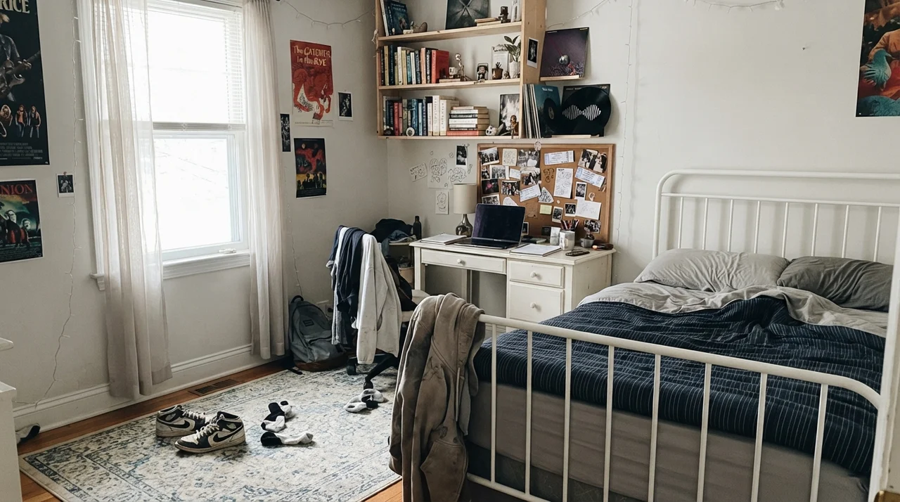 Teenager's bedroom with white metal bed frame, desk, bookshelves, and painted walls.