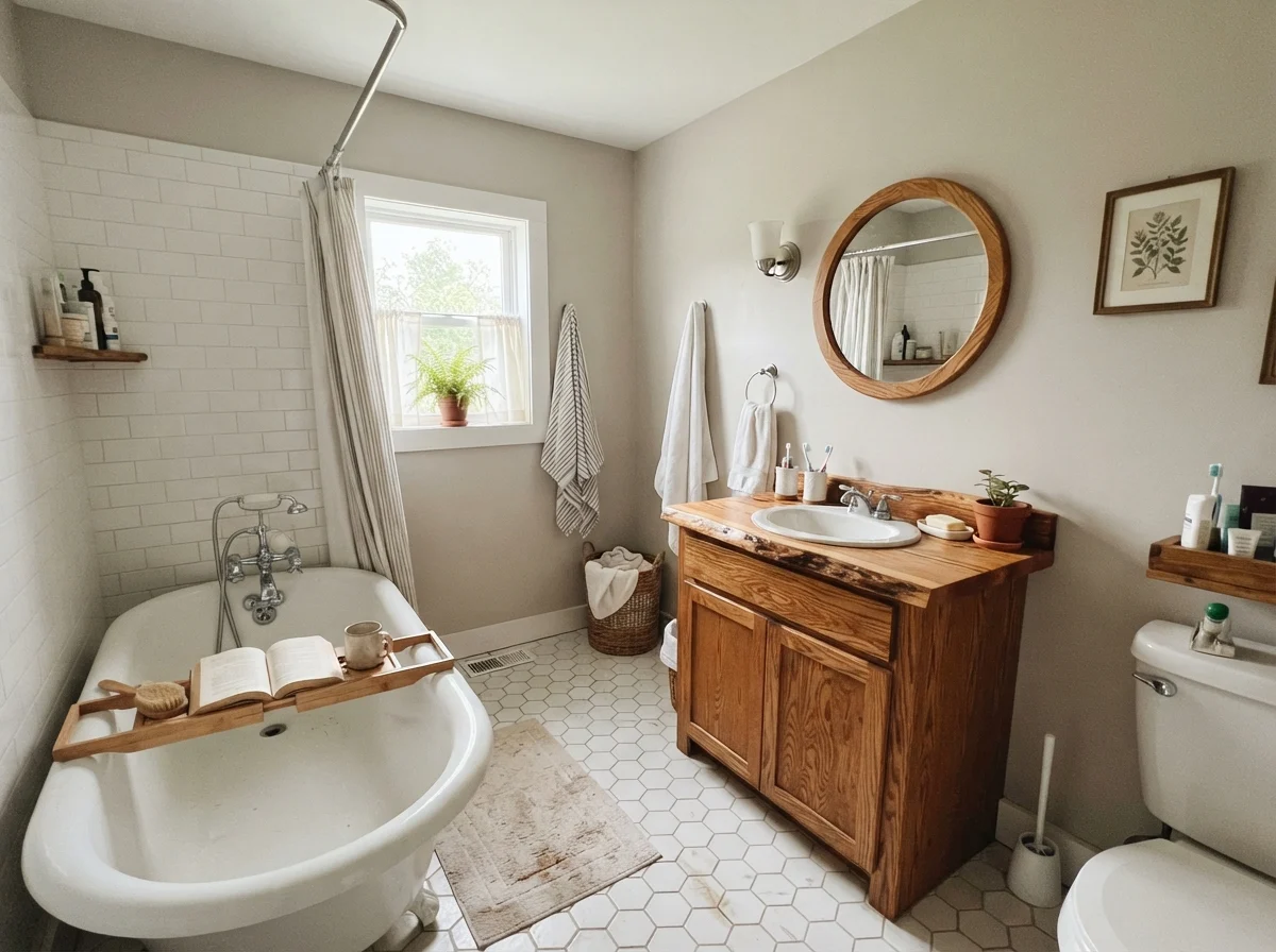 Cottage bathroom with white clawfoot tub, hex tile floor, and painted walls.