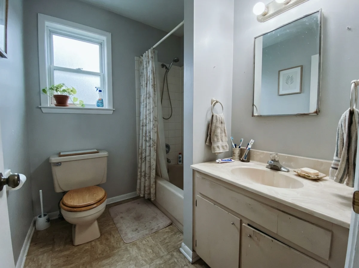Modest bathroom with painted walls taking on a cool cast near a small window.