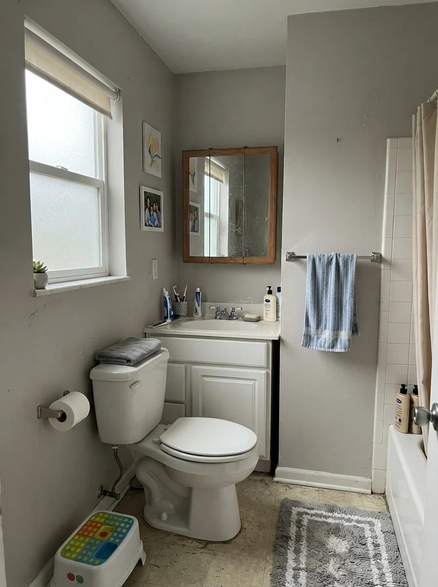 Small bathroom with painted walls looking gray under flat frosted window light.