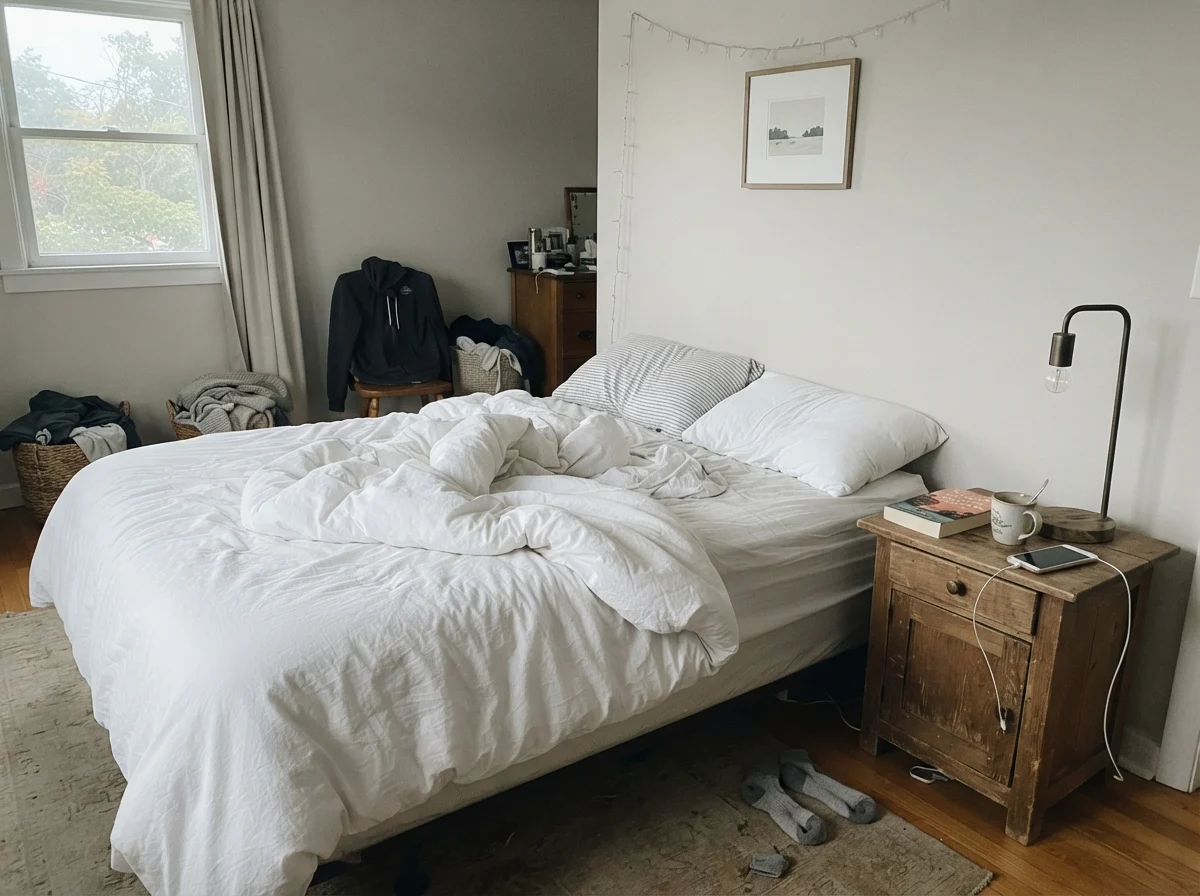 Bedroom at dawn with painted walls, unmade white bed, and wood nightstand.