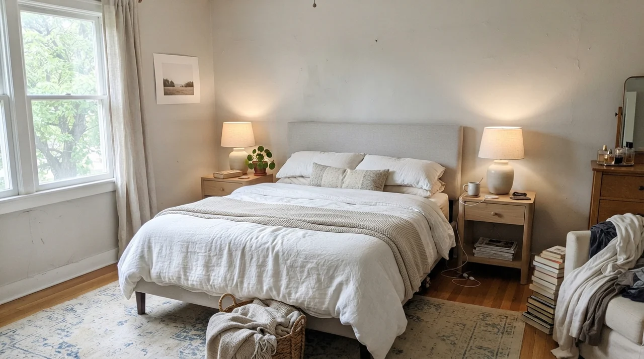 Serene main bedroom with painted walls, pale oak nightstands, and linen bedding.