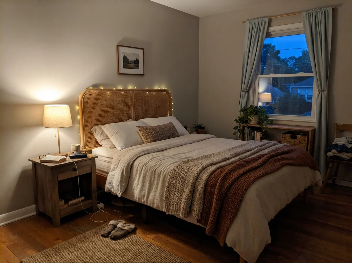 Cozy evening bedroom with warm lamp glow against painted wall and rattan headboard.