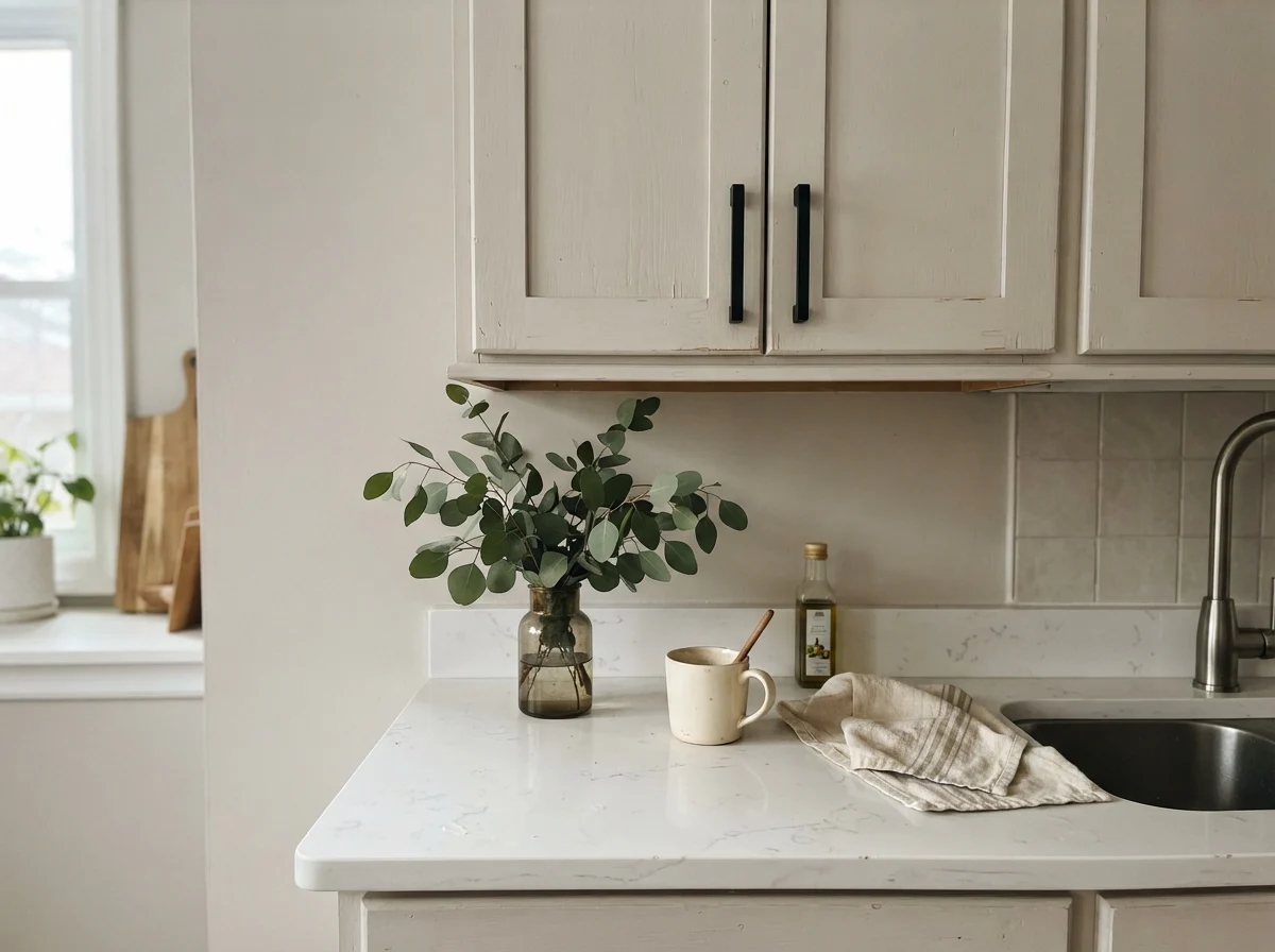 Close-up of painted shaker cabinet doors with matte black pulls.