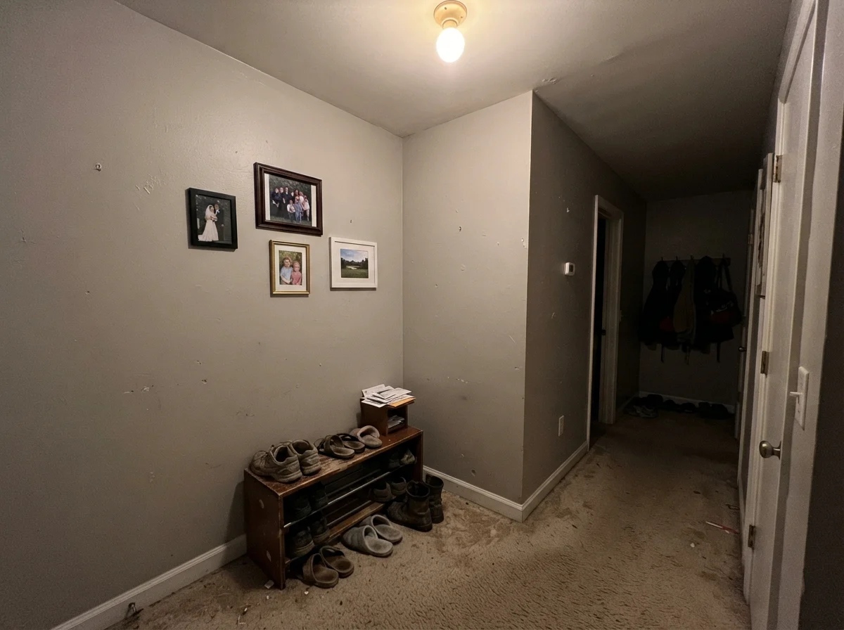 Dim windowless hallway corner with muddy, flat painted walls.