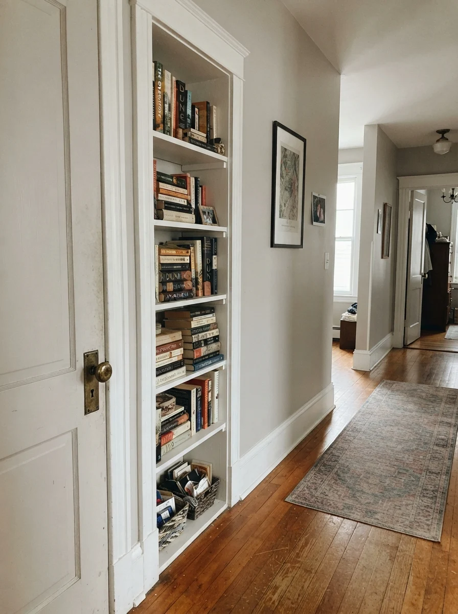 Hallway featuring a painted interior door and built-in bookshelf.