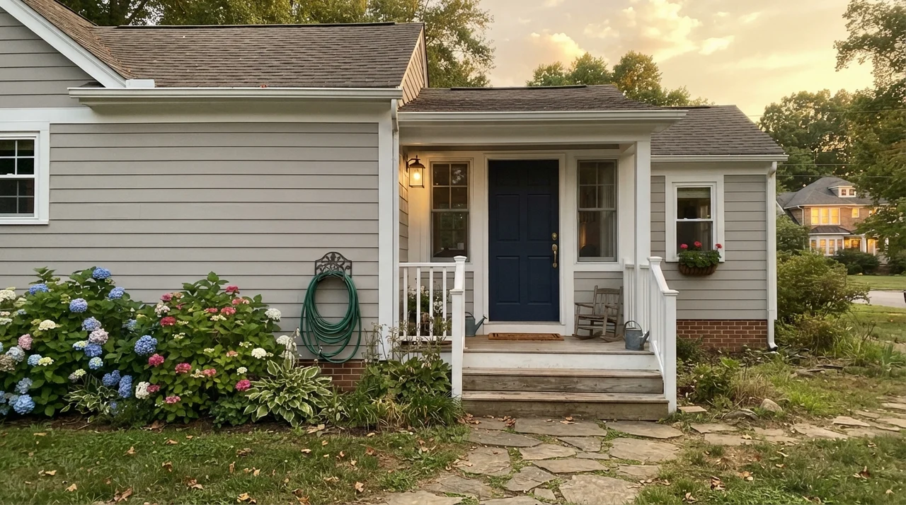 House exterior with painted siding, white trim, and a navy blue door.