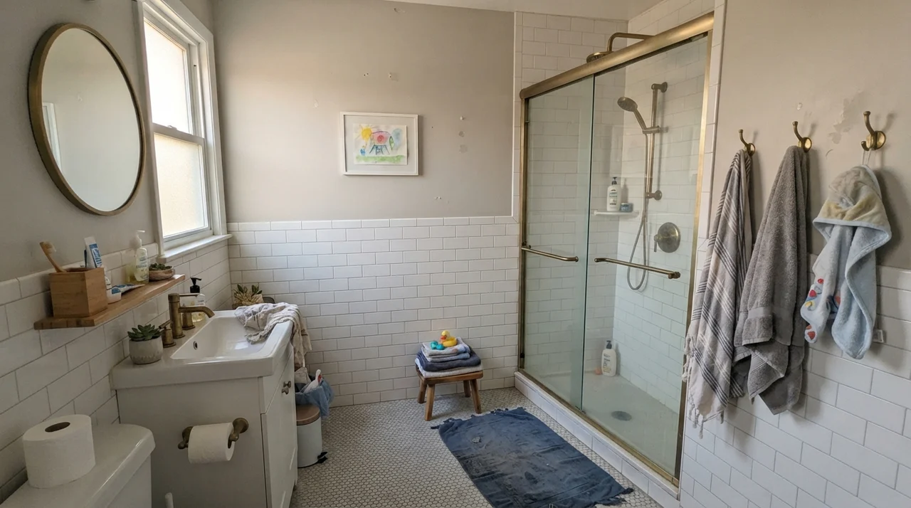 Family bathroom with painted upper walls above white subway tile wainscot and brass fixtures.