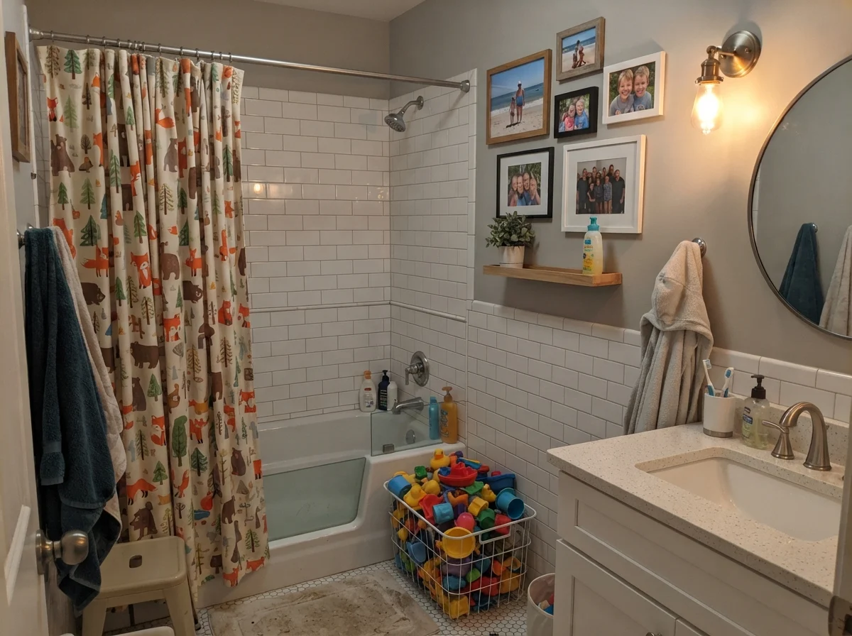 Kids' bathroom with painted walls over white subway tile and bath toys.