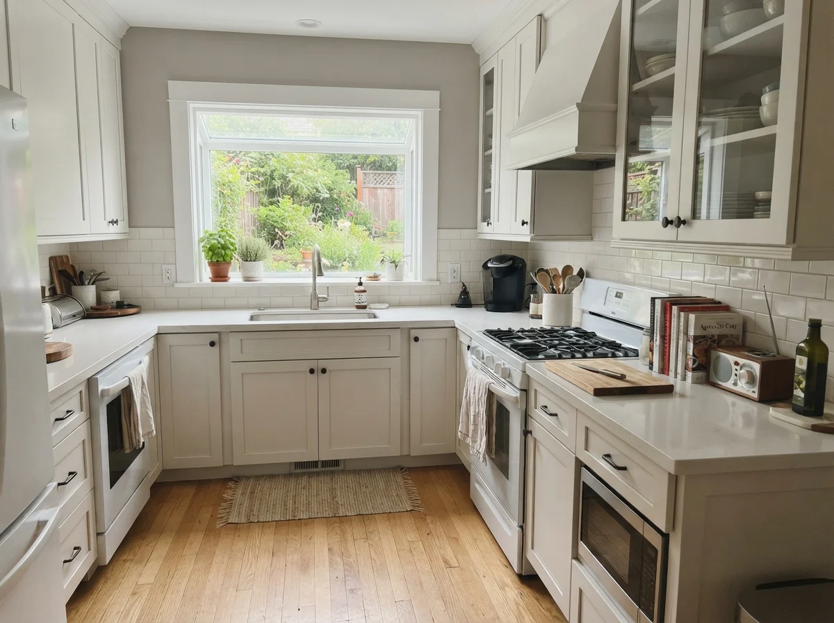Kitchen with painted shaker cabinets, white subway backsplash, and light oak floors.