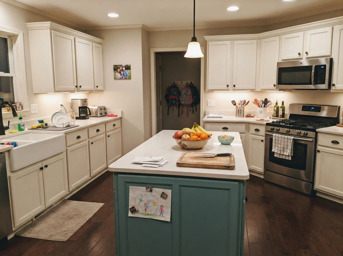 Kitchen island painted in greige with white perimeter cabinets and warm lights.