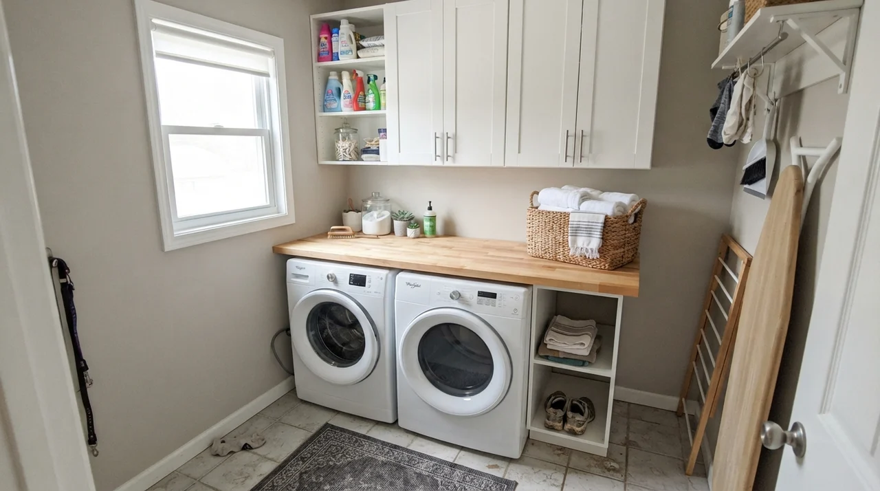 Bright laundry room with painted walls, butcher block counter, and white cabinets.