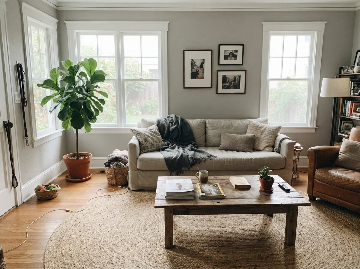 Sunlit living room with painted walls, linen sofa, wood table, and jute rug.