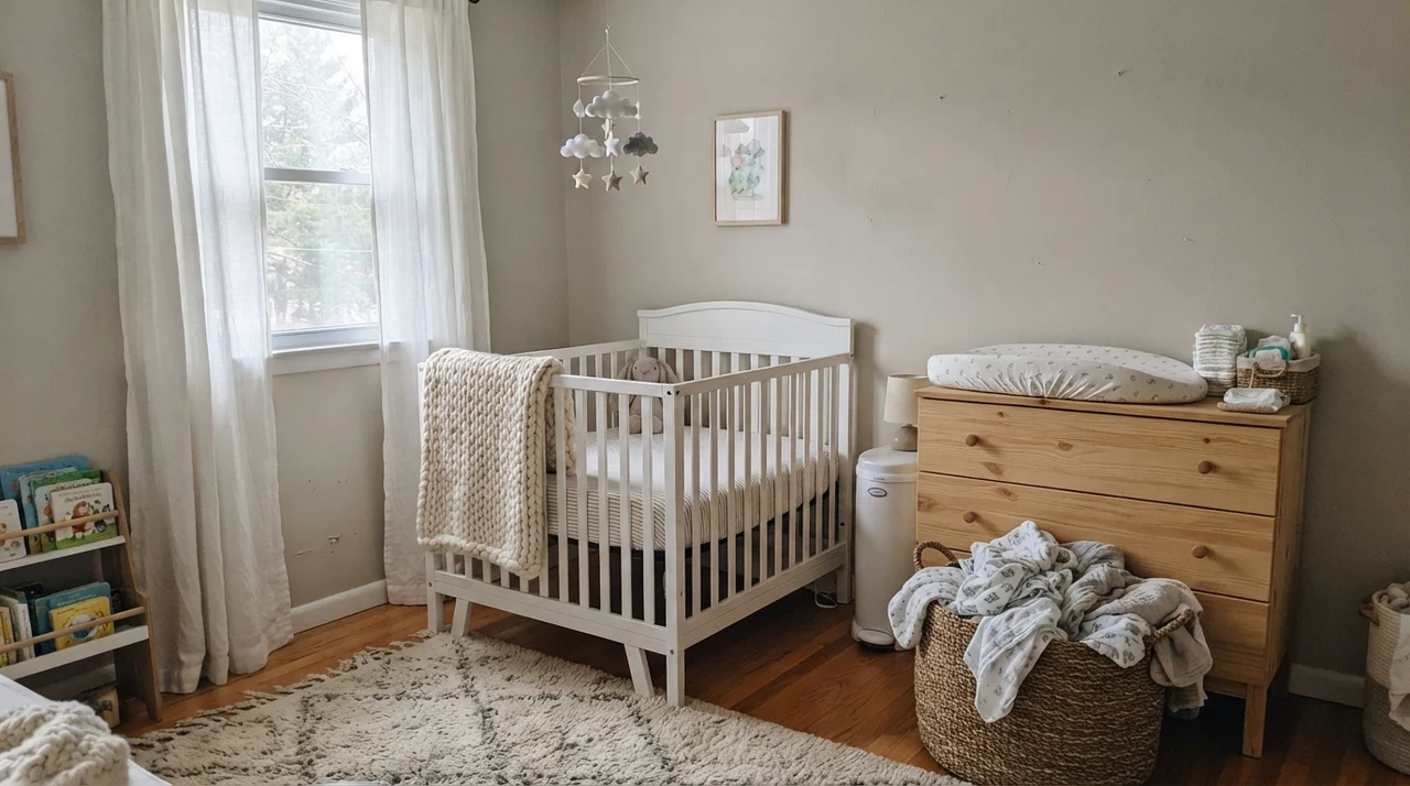 Nursery with painted walls, white crib, and light wood dresser.
