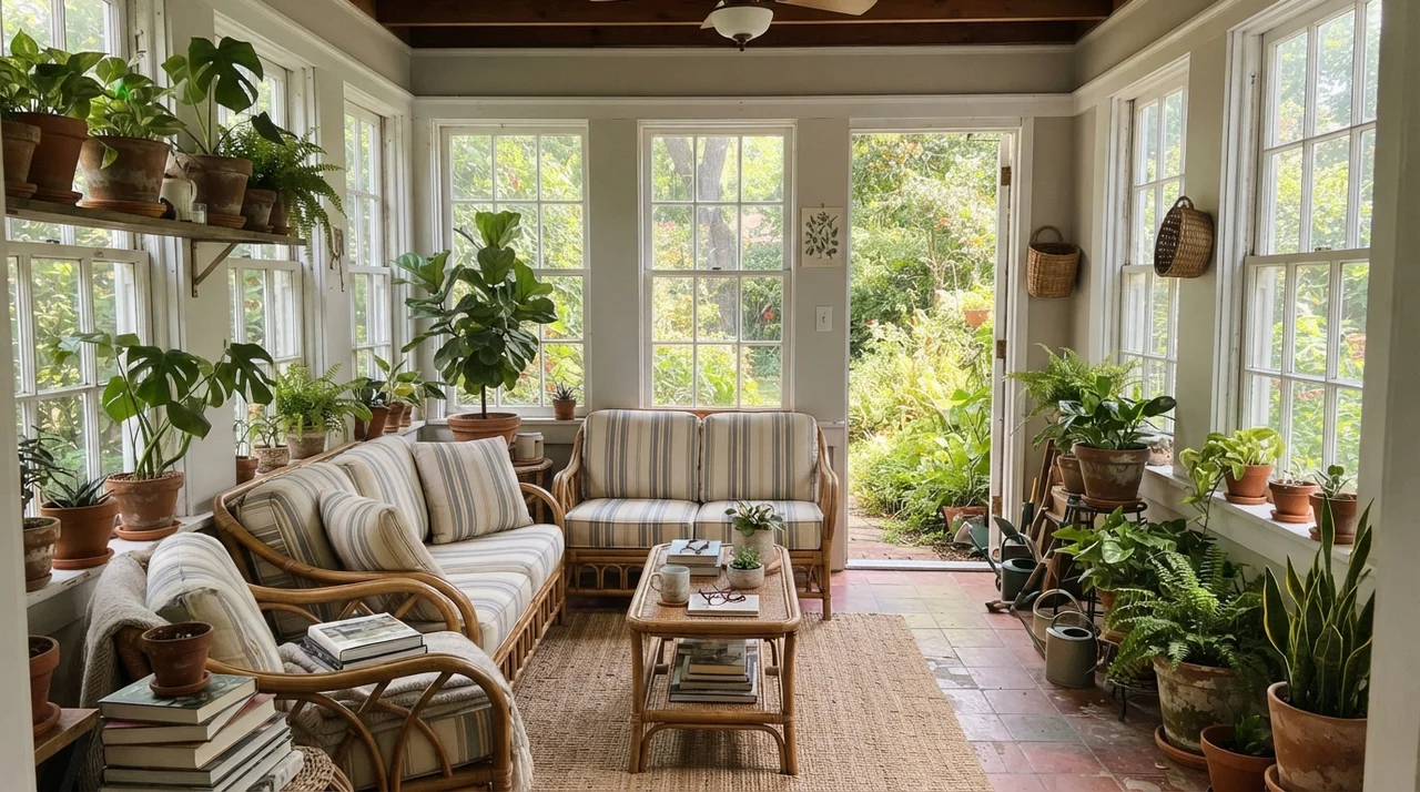 Bright sunroom with painted wall sections, white window frames, and rattan furniture.