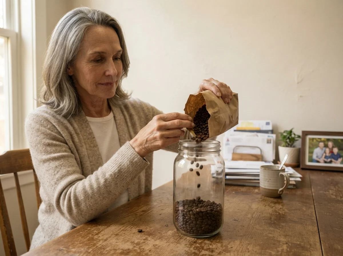 Susan Hartley pouring coffee beans into a jar in a dining room painted in Agreeable Gray.