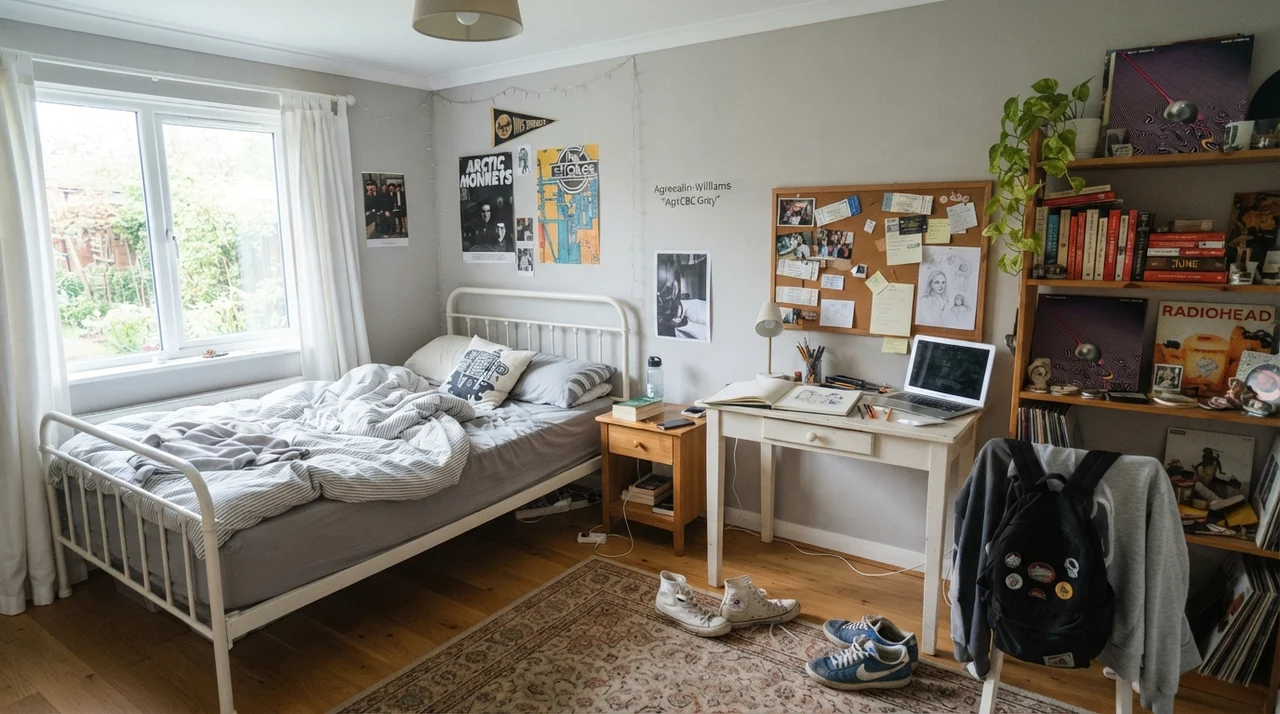 Teenager bedroom with painted walls, white metal bed, and desk.