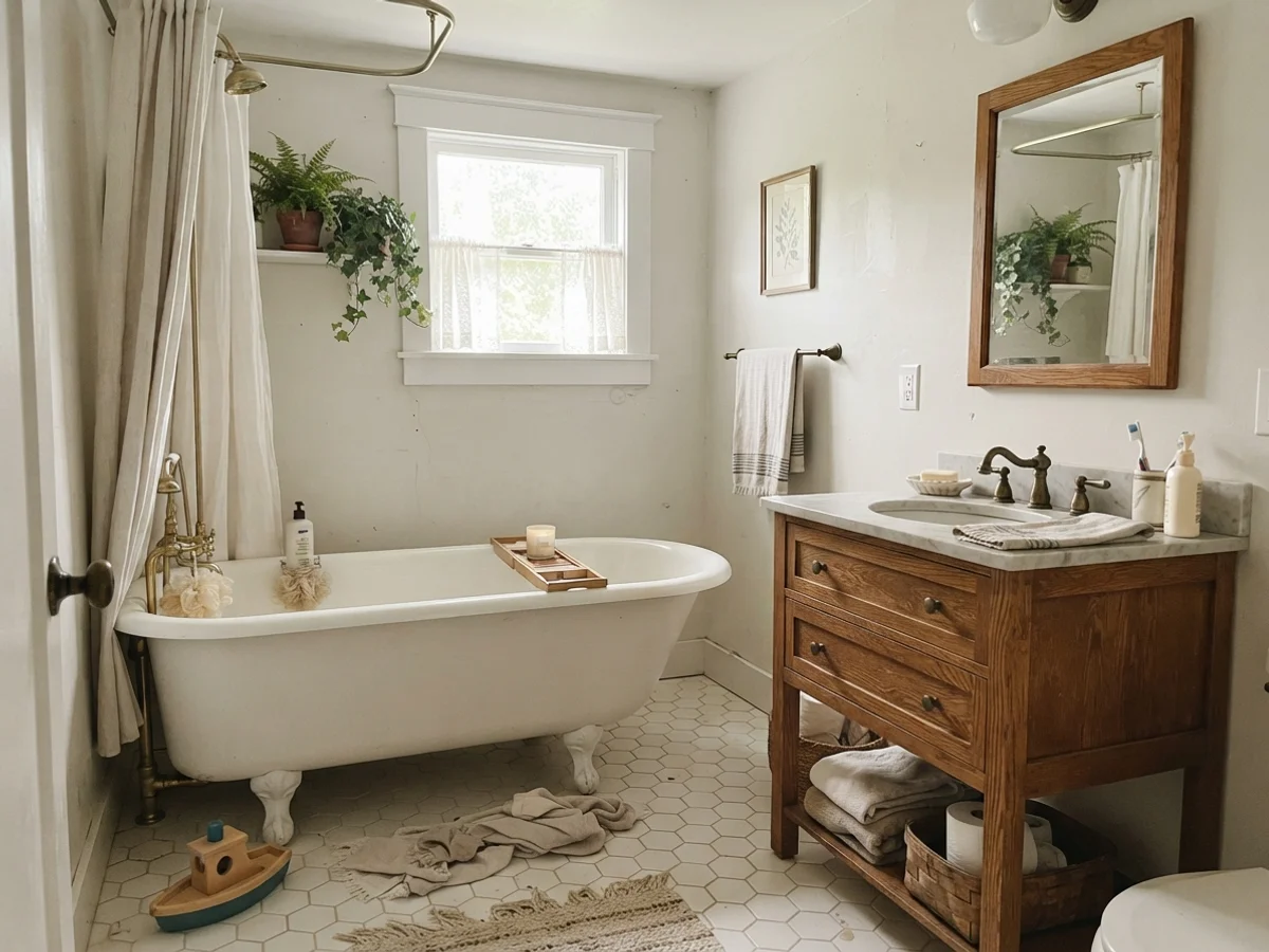 Cottage bathroom with white clawfoot tub and painted walls.