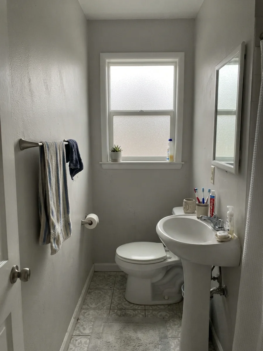 Small bathroom with painted walls looking muted under overcast light.