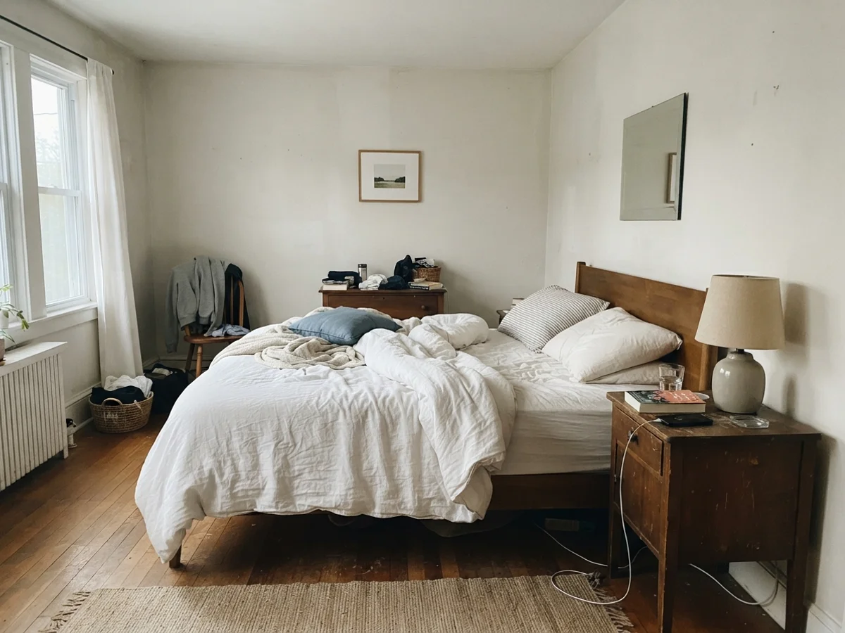 Bedroom with unmade white bedding and painted walls in cool early morning light.