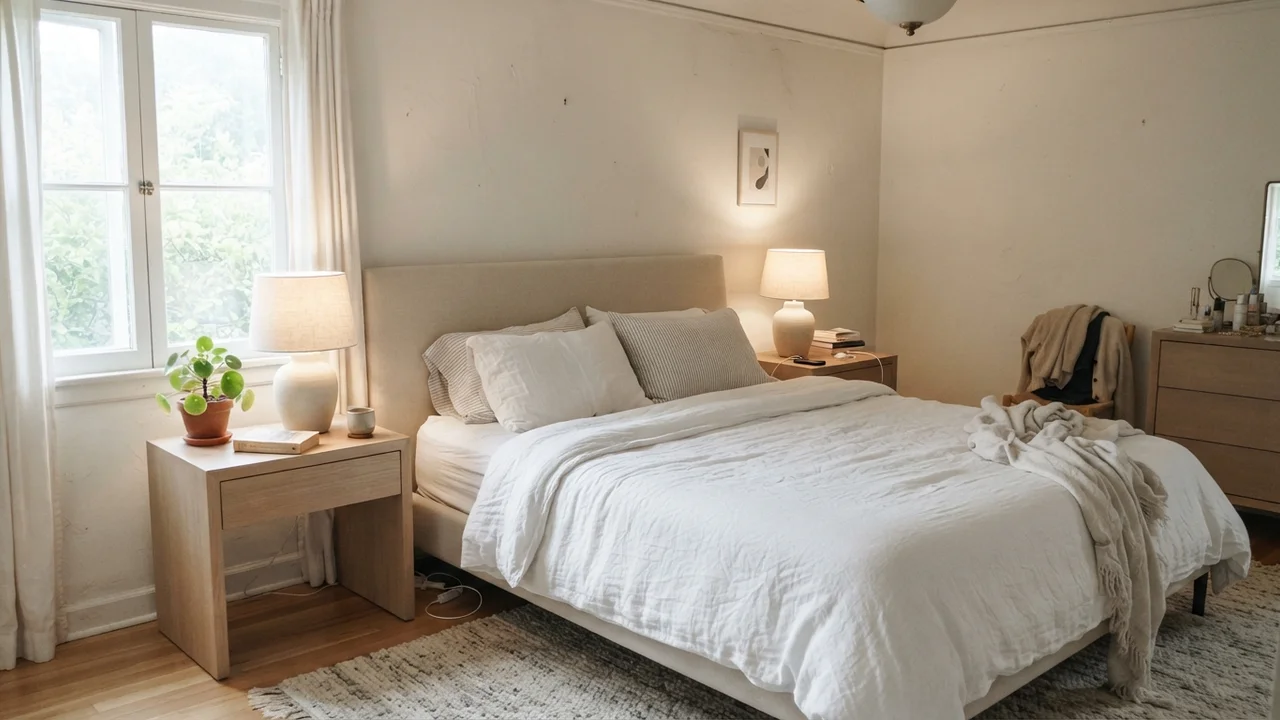 Serene main bedroom with white linen bedding and painted walls.