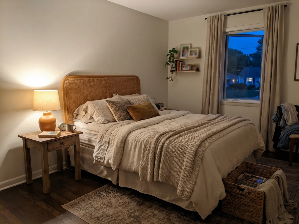 Bedroom at dusk with warm table lamp glowing against painted walls.