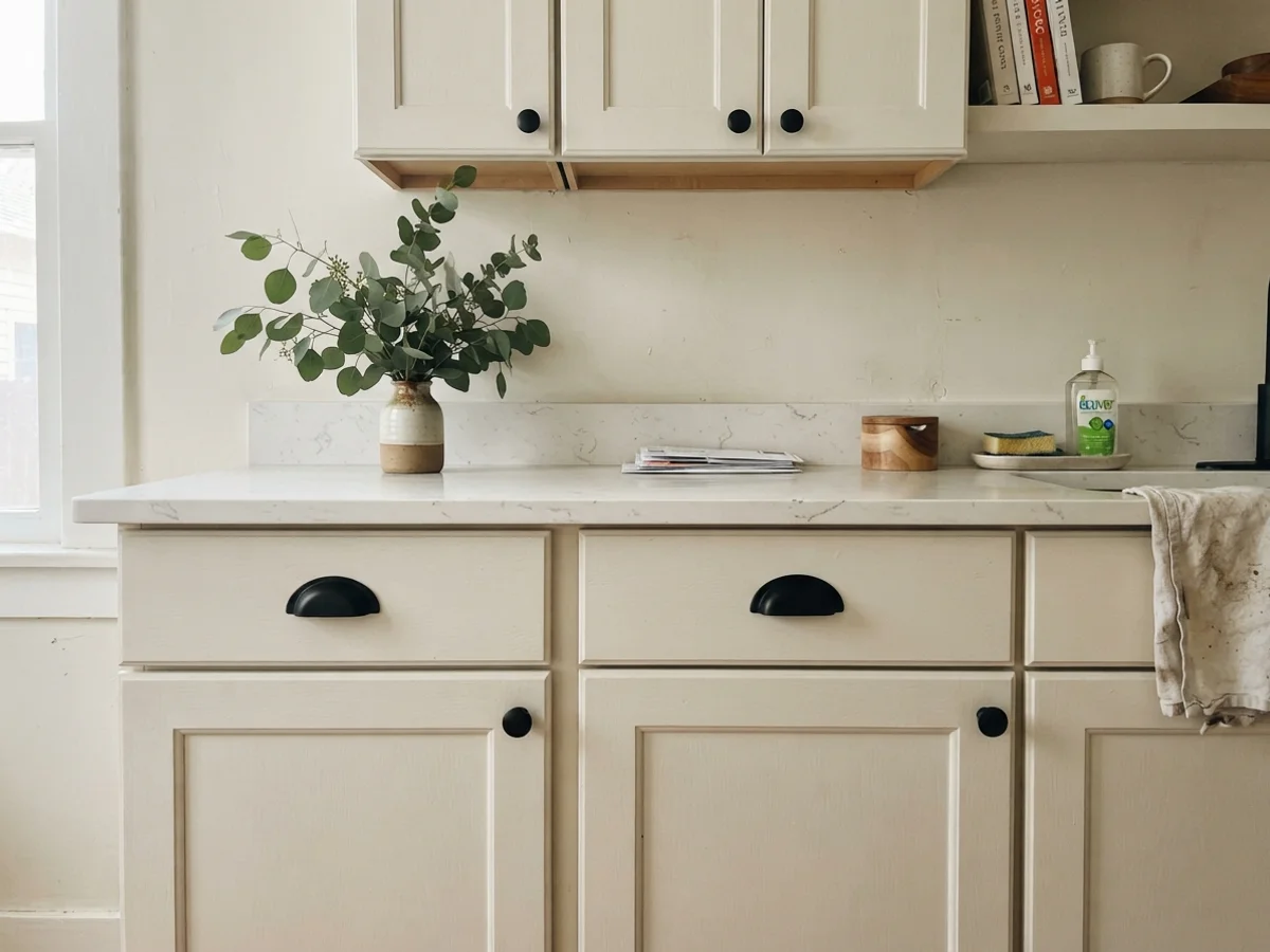Close-up of shaker cabinets with matte black hardware and white quartz counter.