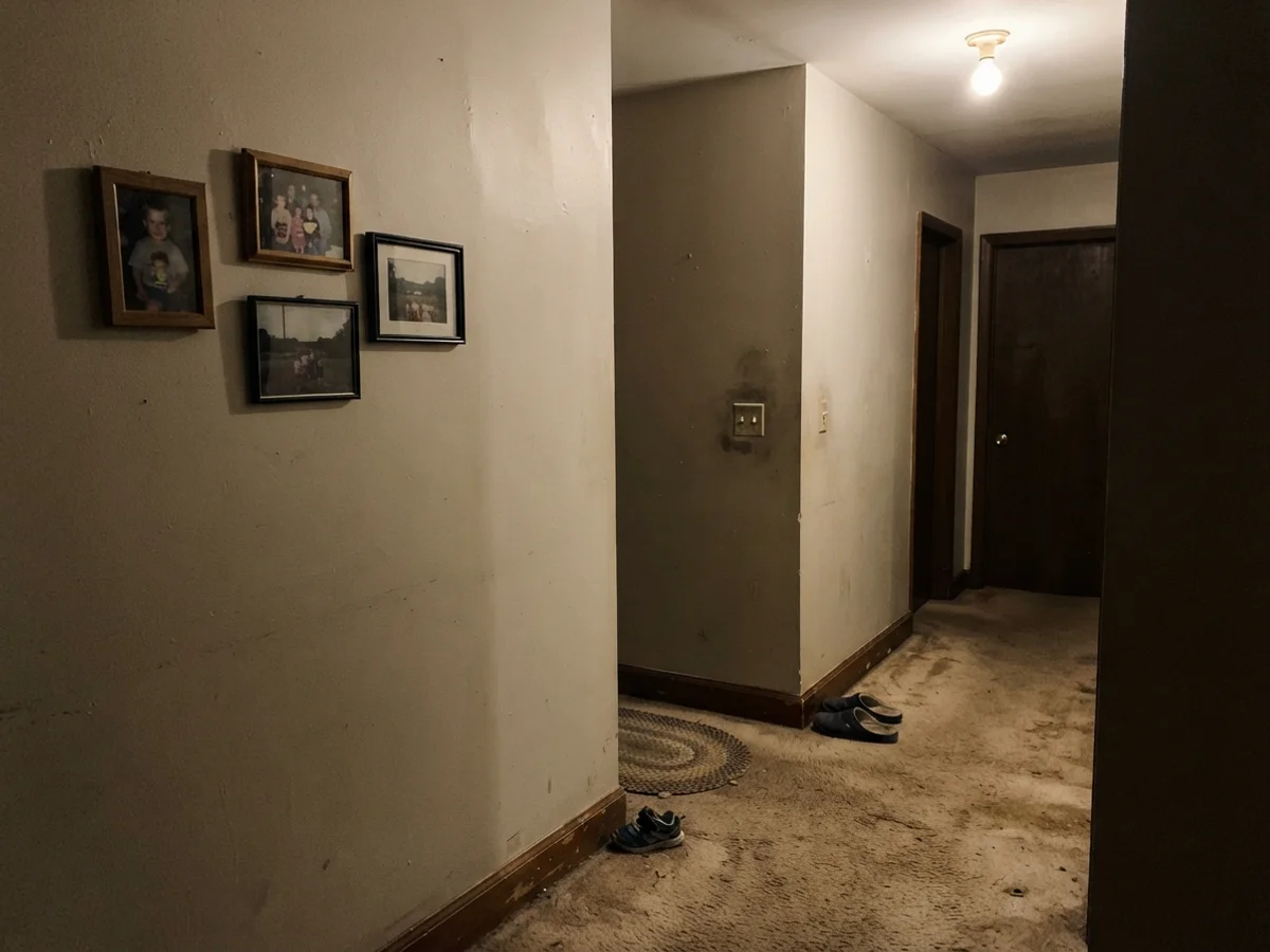 Windowless hallway showing paint looking flat and muddy under dim light.
