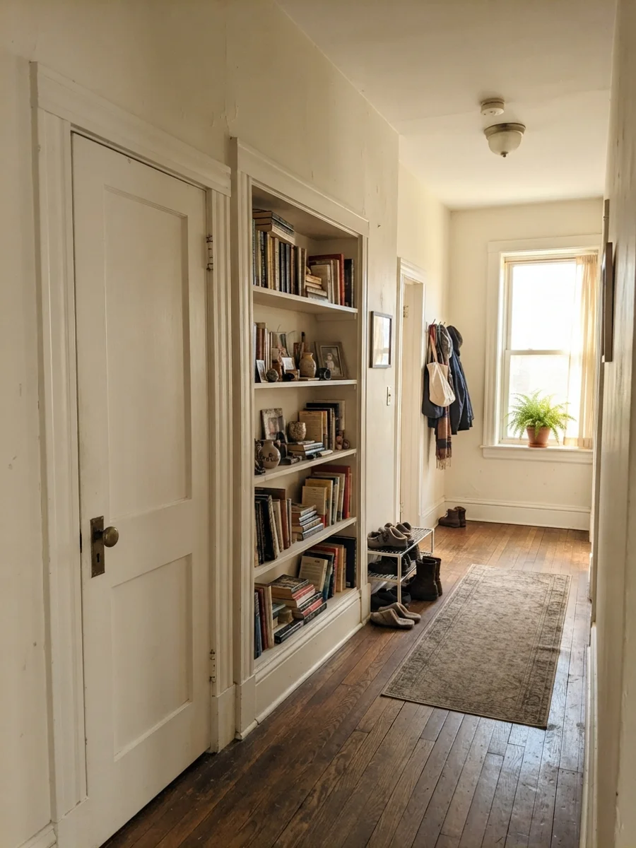 Hallway door and built-in bookshelf painted soft white in an older home.