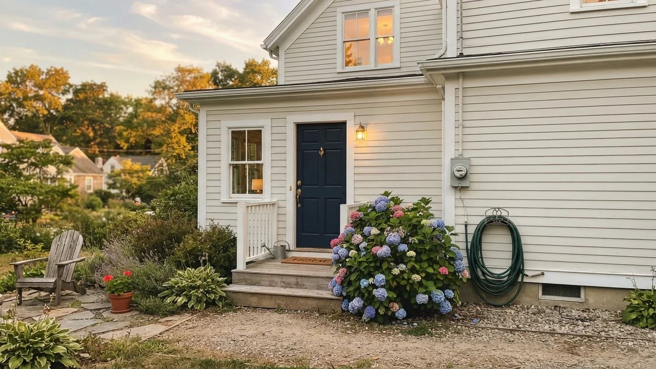 House exterior with horizontal siding painted soft white and dark navy door.