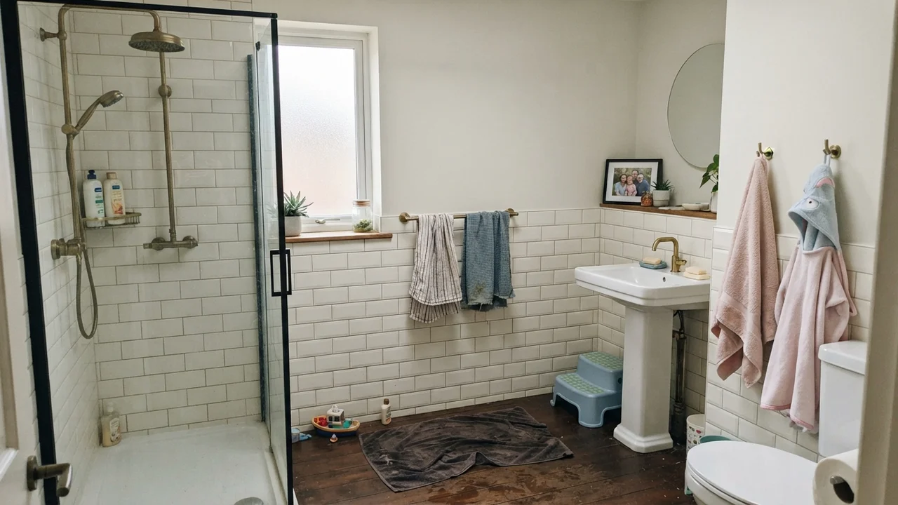Family bathroom with painted upper walls above white subway tile wainscot and brass fixtures.