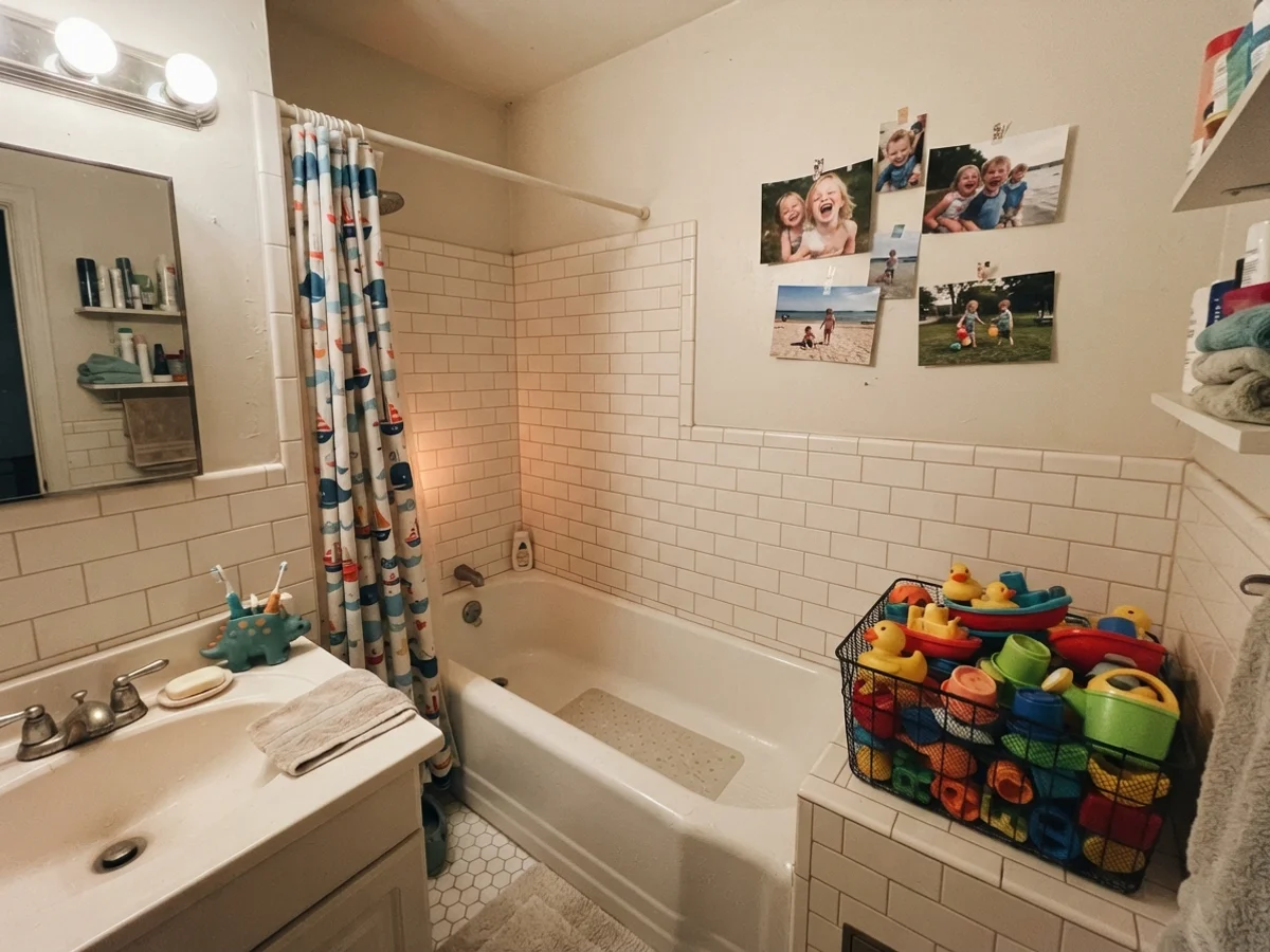 Kids bathroom with painted walls over white subway tile under warm bulbs.