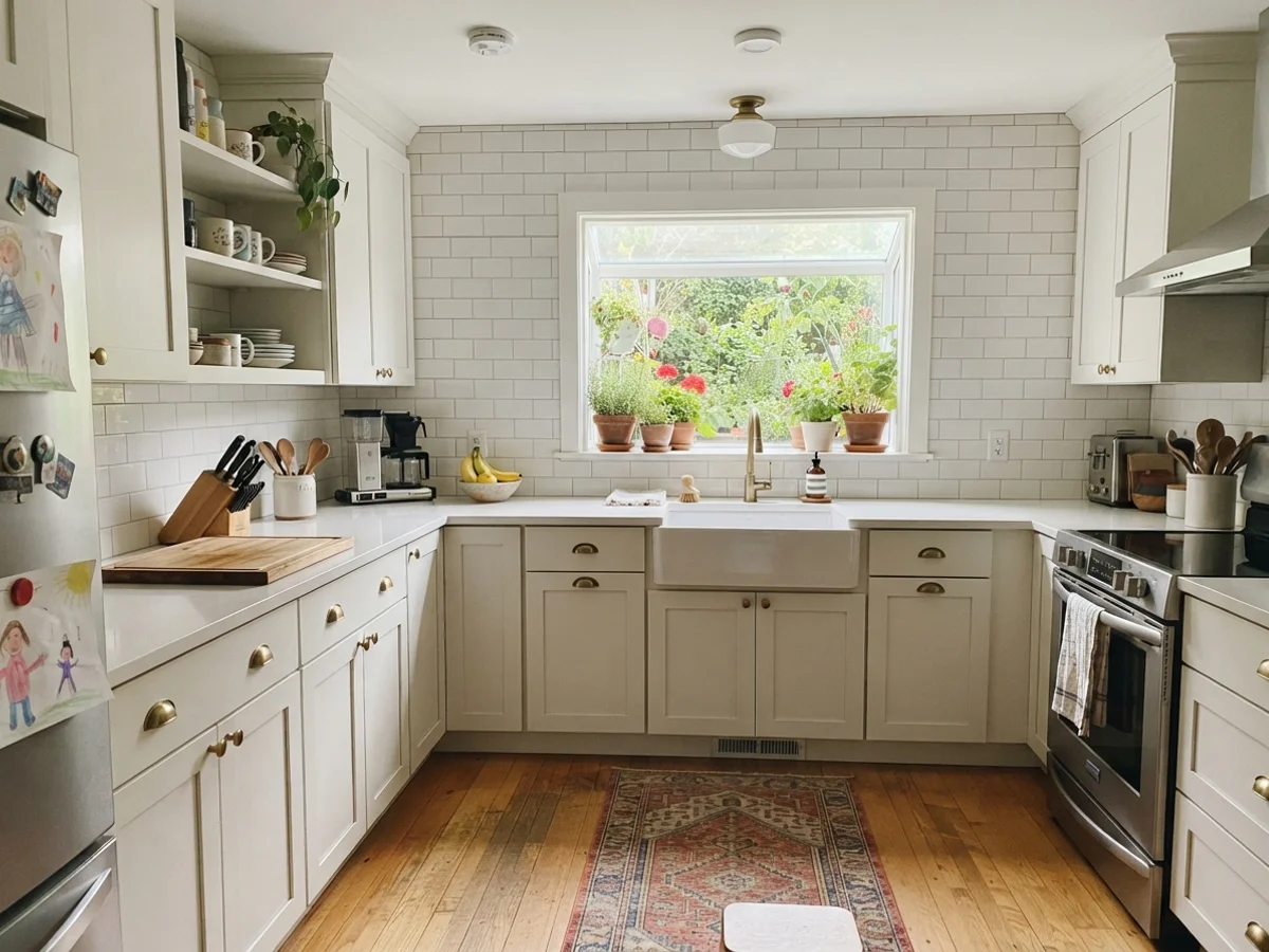 Kitchen shaker cabinets painted soft white with white counters and subway tile backsplash.