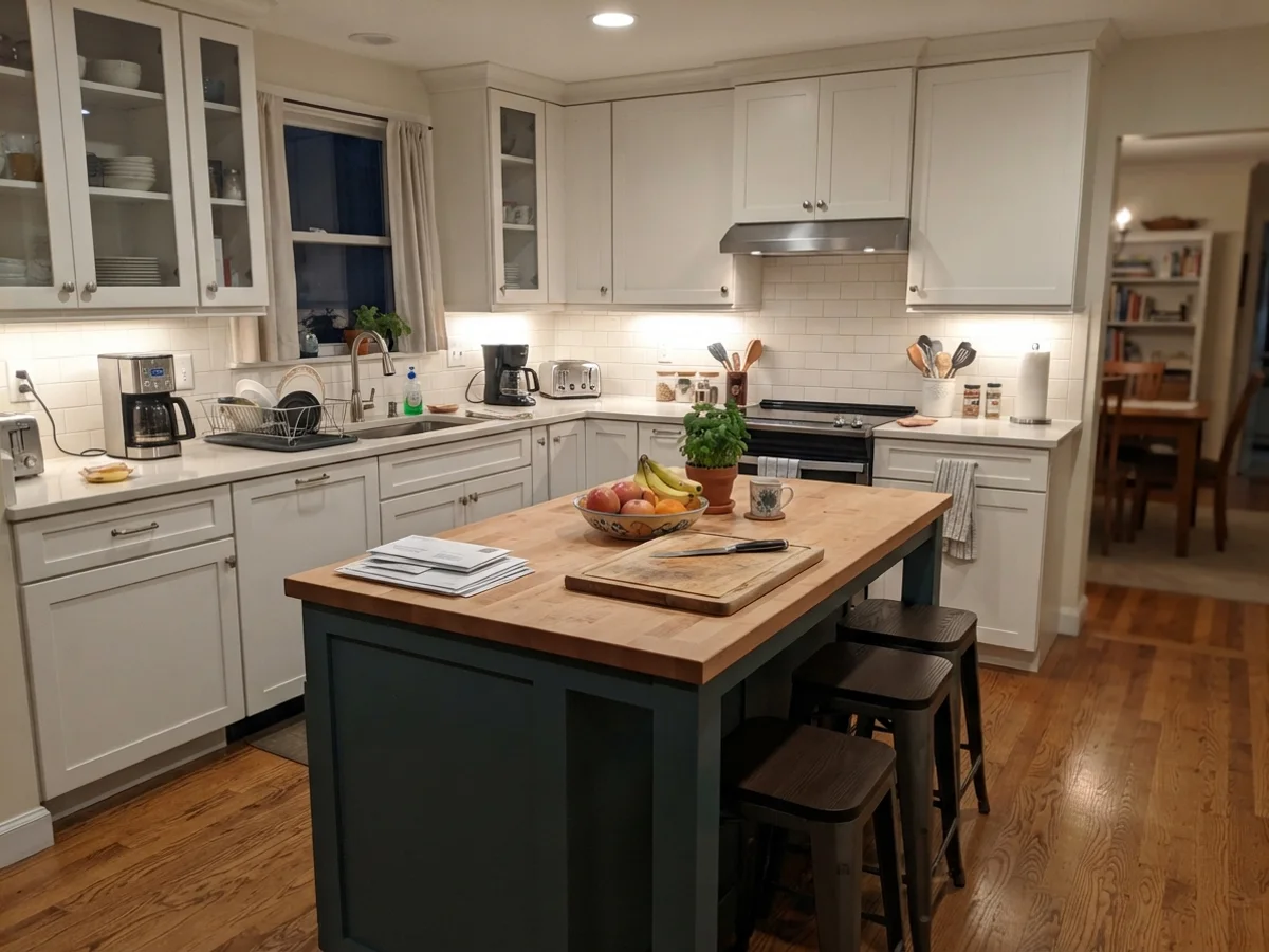 Kitchen island painted soft white surrounded by white cabinets and warm lighting.