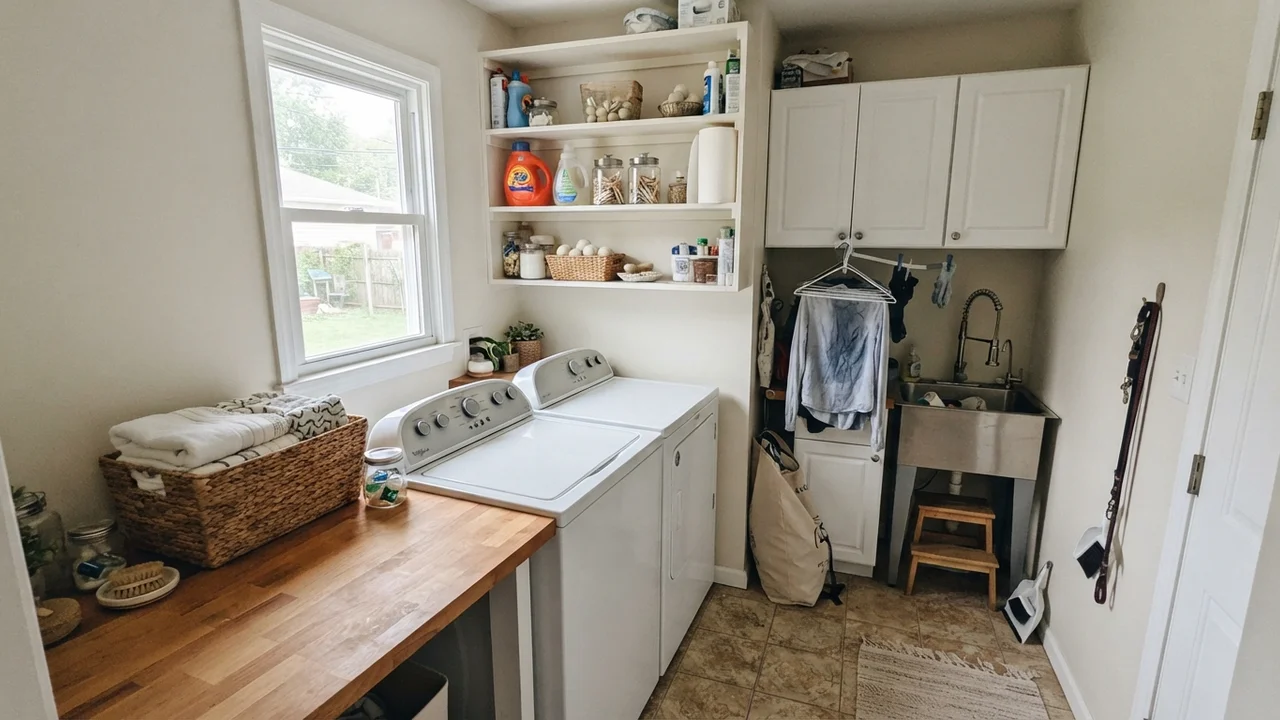 Bright laundry room with painted walls, white cabinets, and butcher-block counter.