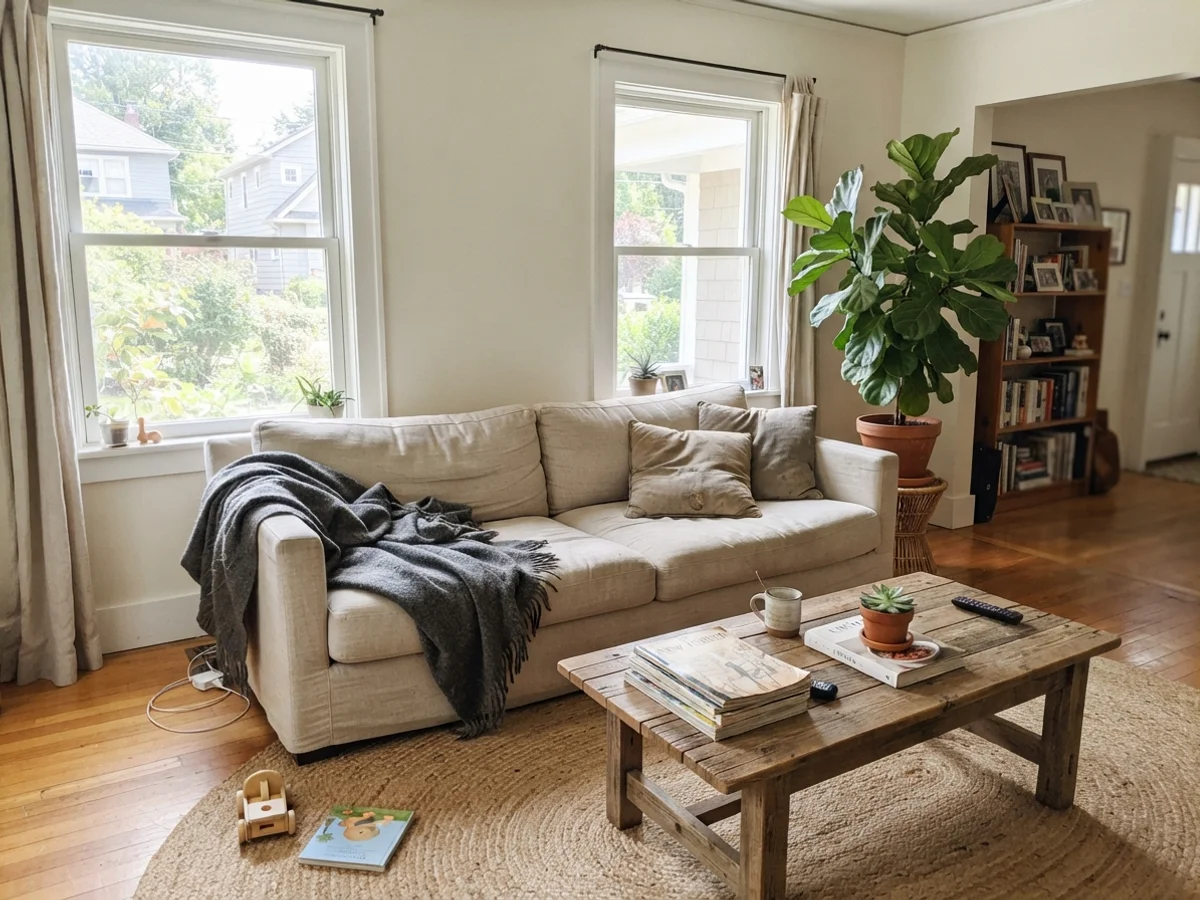 Living room with painted walls, linen sofa, jute rug, and midday sunlight.
