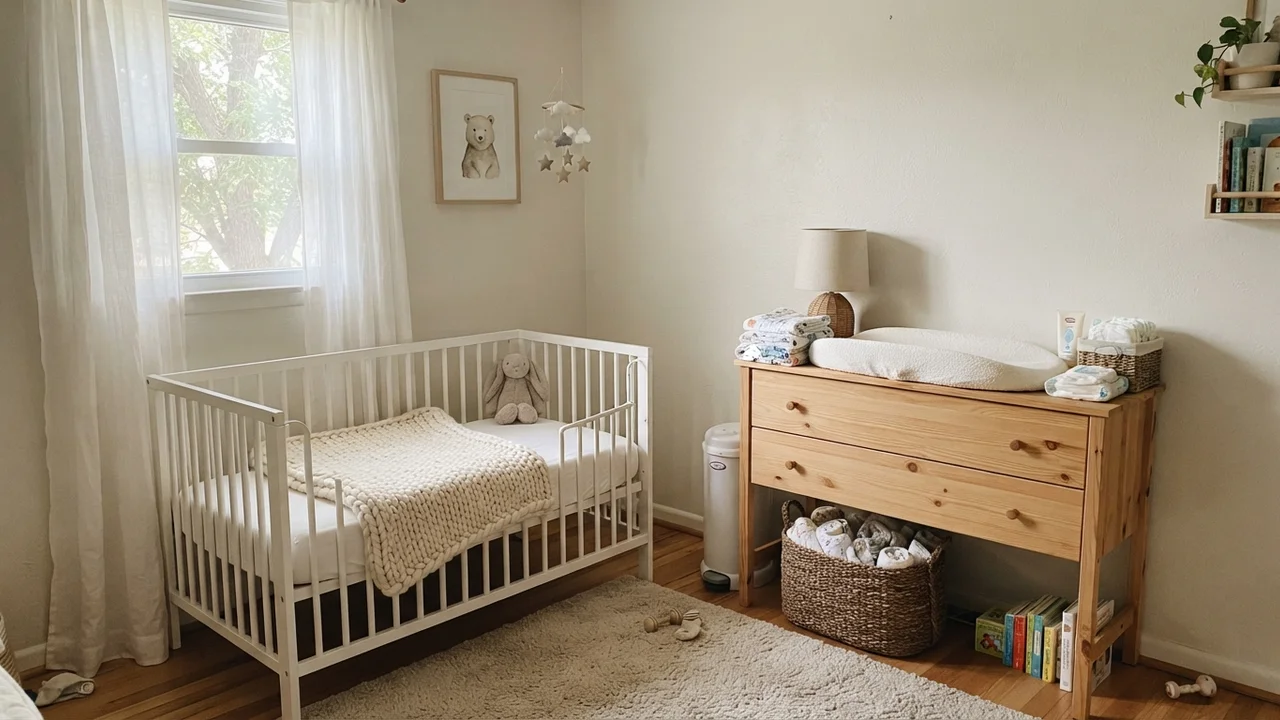 Nursery with painted walls, white crib, and light wood dresser.