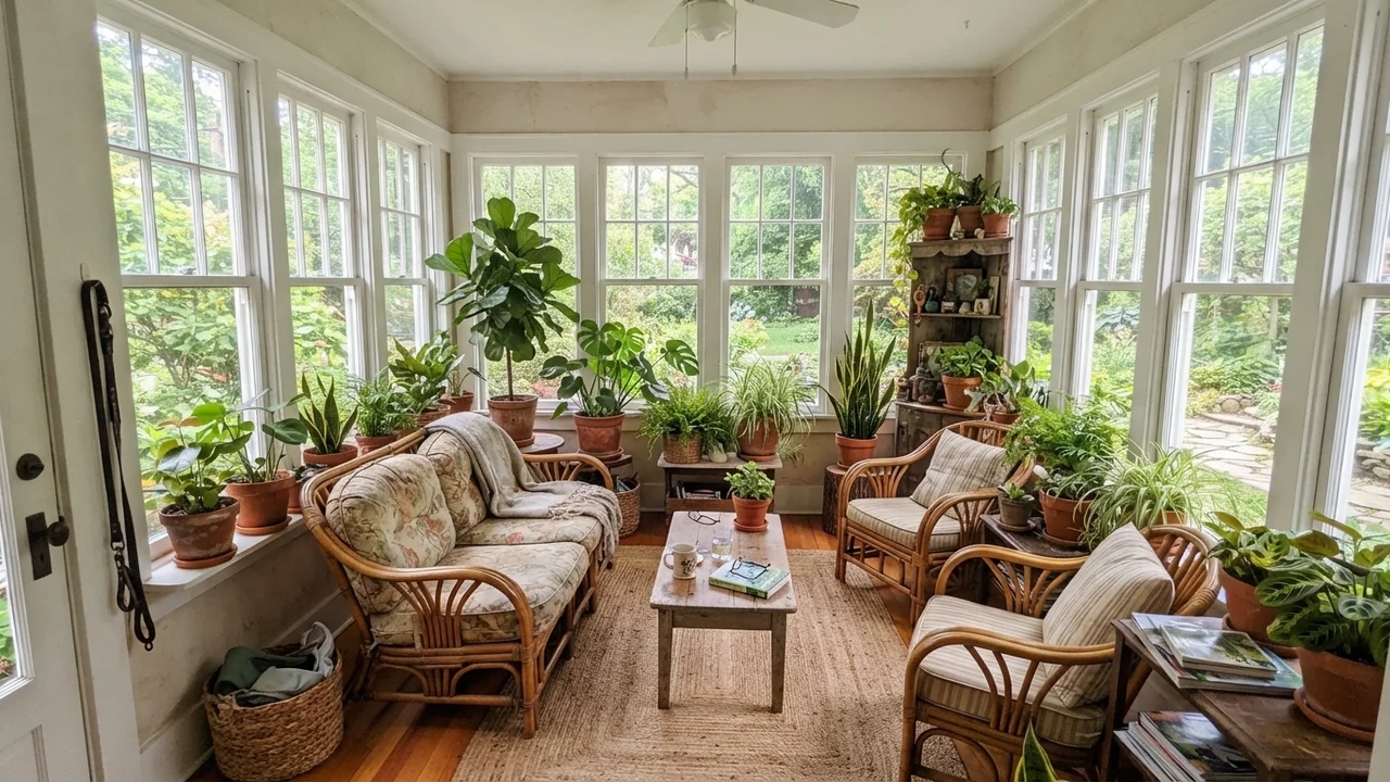 Bright sunroom with painted walls, rattan furniture, and potted plants.