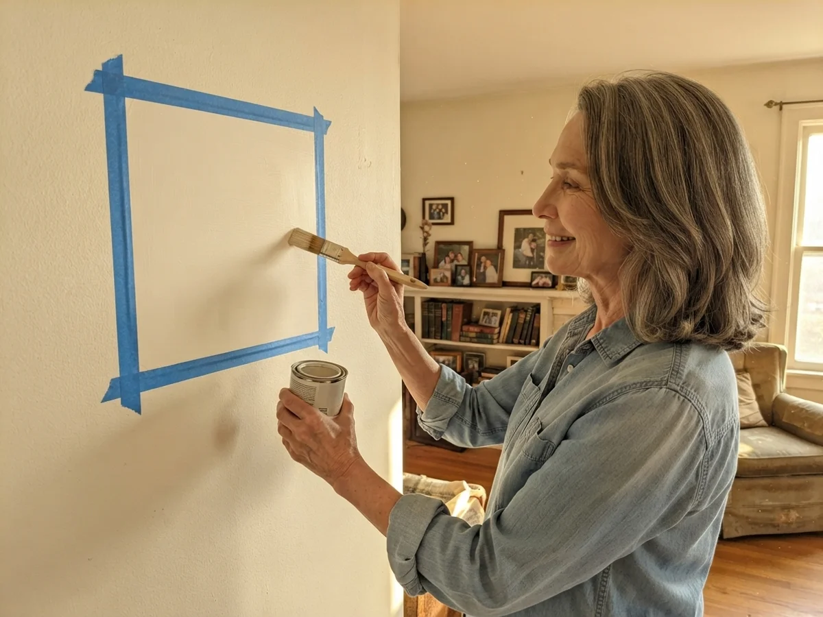 Susan Hartley brushing a sample square of paint onto an interior wall.