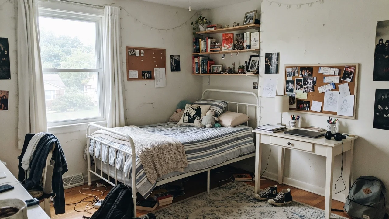 Teenager bedroom with white metal bed and painted walls.