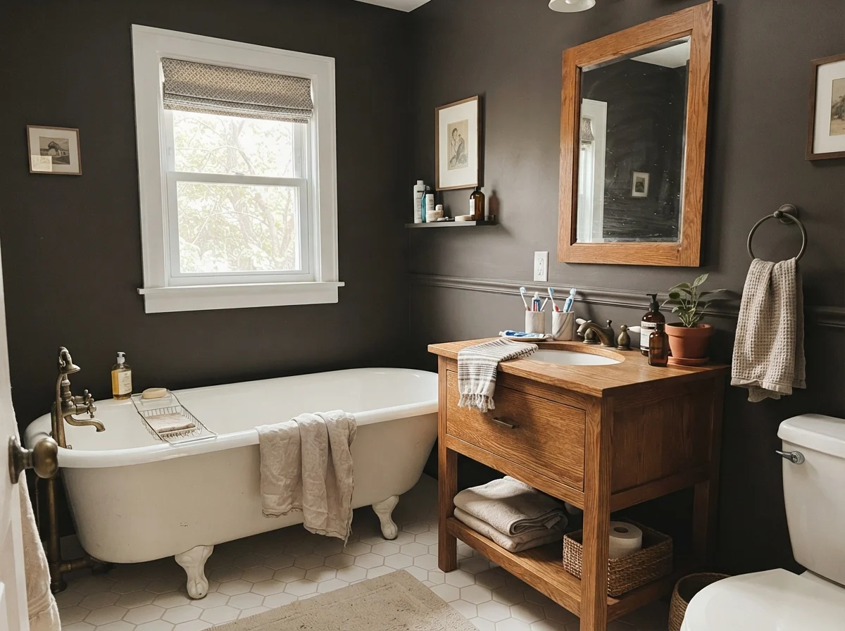 Cottage bathroom with clawfoot tub and Black Fox painted walls.