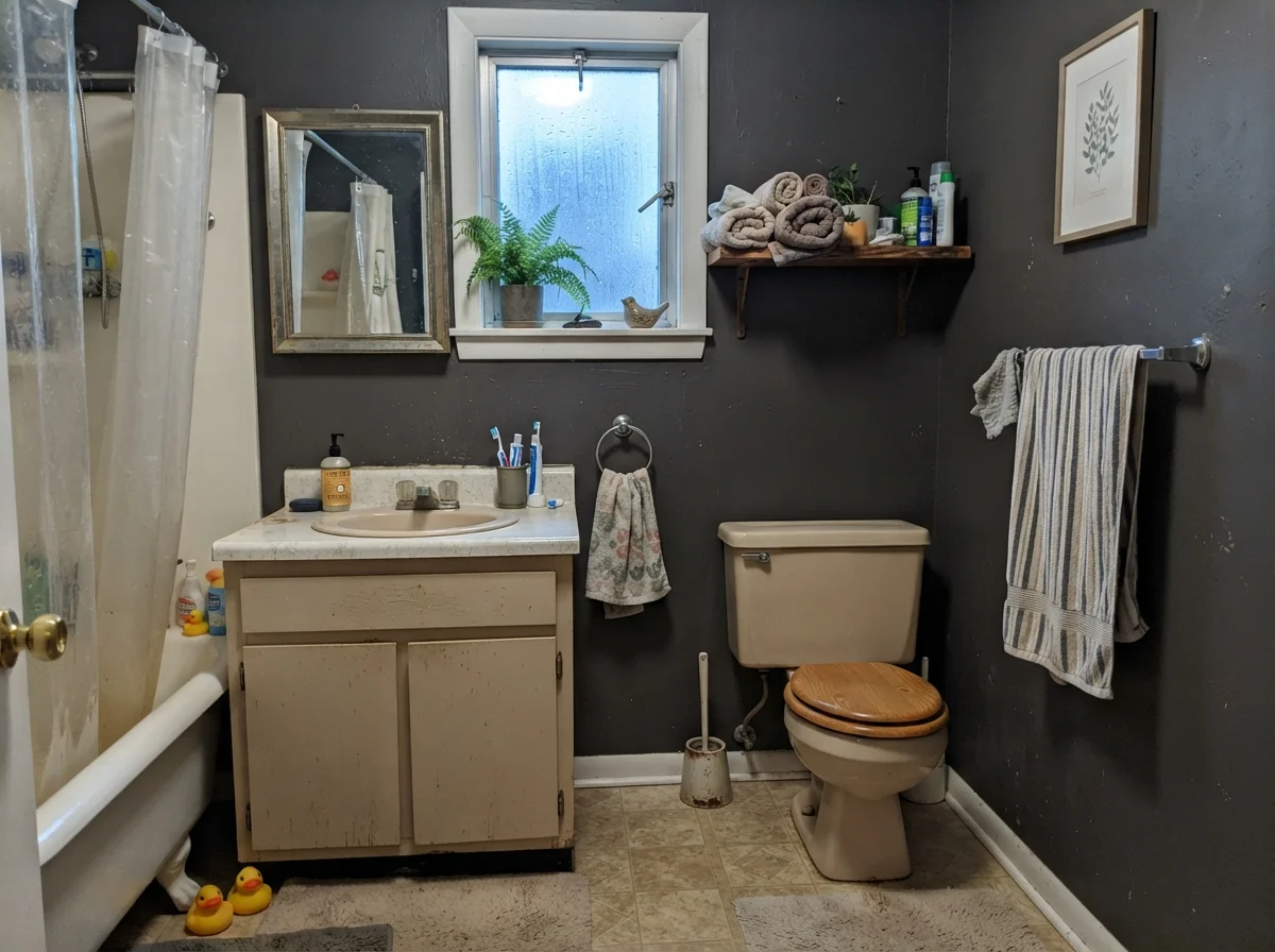 Modest bathroom showing Black Fox under cool north light on a rainy day.
