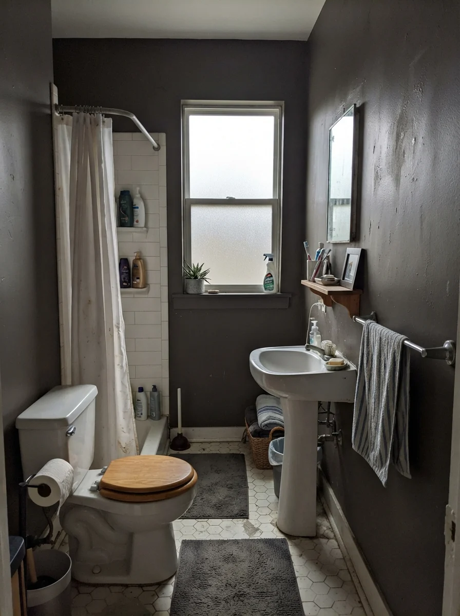 Small bathroom with Black Fox walls in muted overcast daylight.