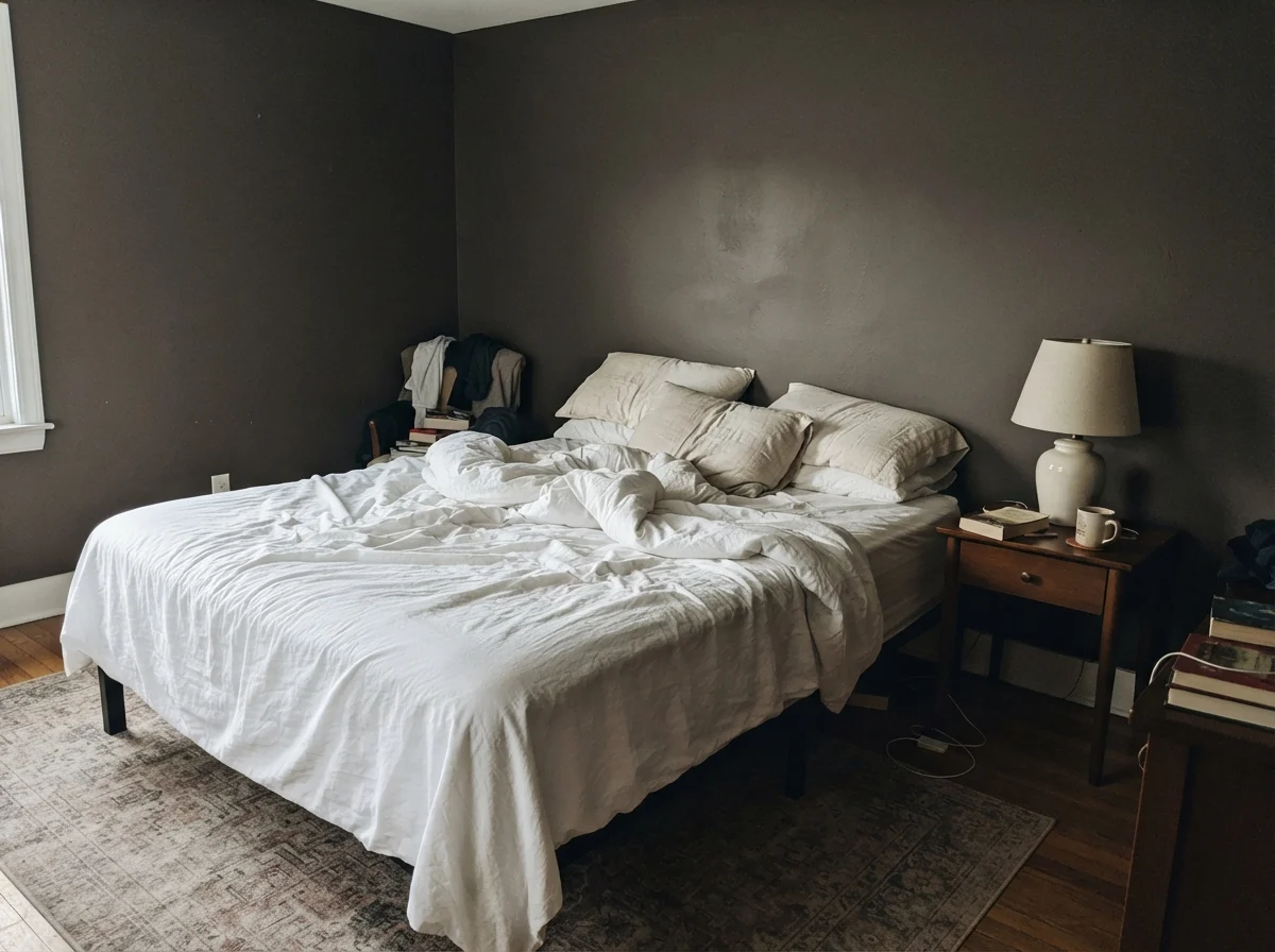 Bedroom with Black Fox walls in cool early morning light.